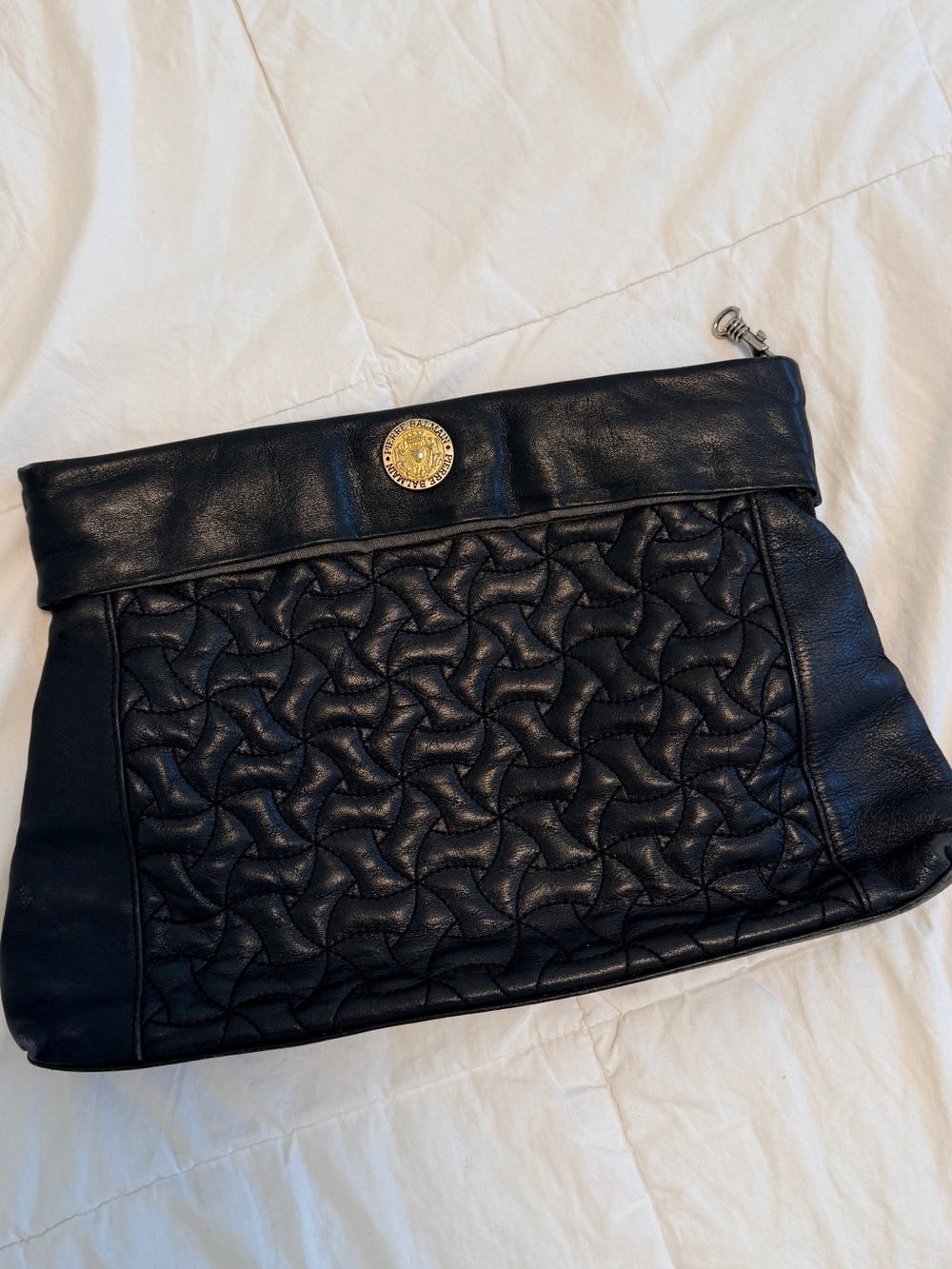Black Quilted Leather Fold-Over Clutch - Unknown Brand, missing strap